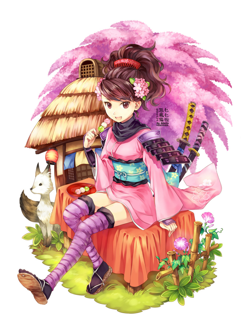 armor, bench, brown_eyes, cherry_blossoms, dango, dated, eating, emonana