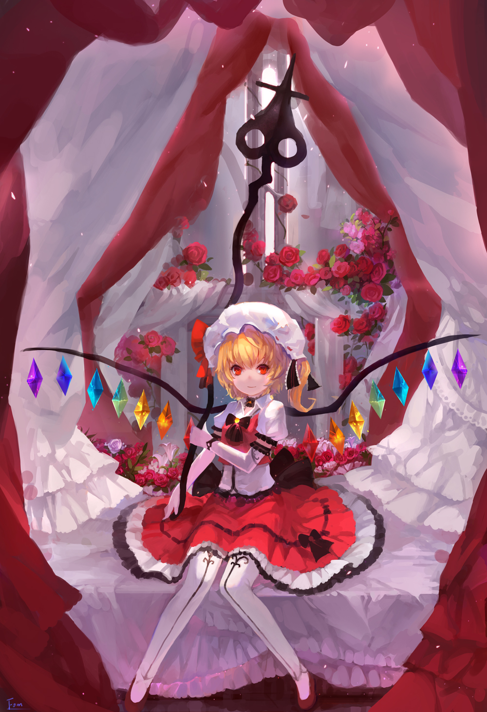 bed, blonde_hair, bow, canopy_bed, elbow_gloves, embellished_costume, flandre_scarlet, flower