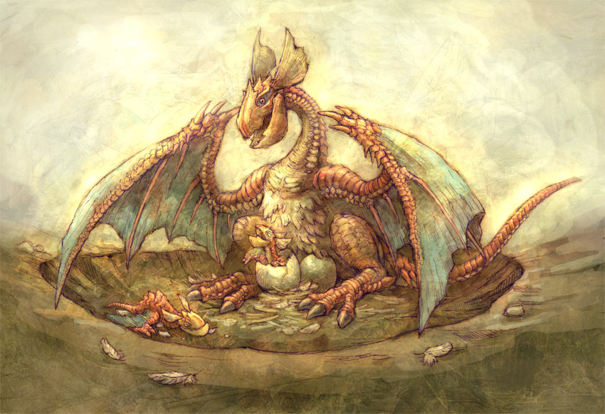 brigadewing, egg, feathers, hatching, monster, monster_hunter, nest, no_humans, sitting, wyvern, yian_kut-ku, young