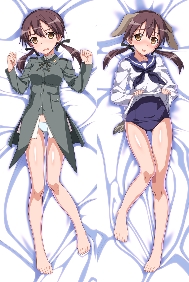 barefoot, blush, brown_eyes, brown_hair, cosplay, dakimakura, gertrud_barkhorn, lying