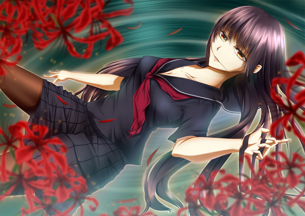 breasts, brown_legwear, ghost, hime_cut, kanoe_yuuko, karube, long_hair, looking_at_viewer
