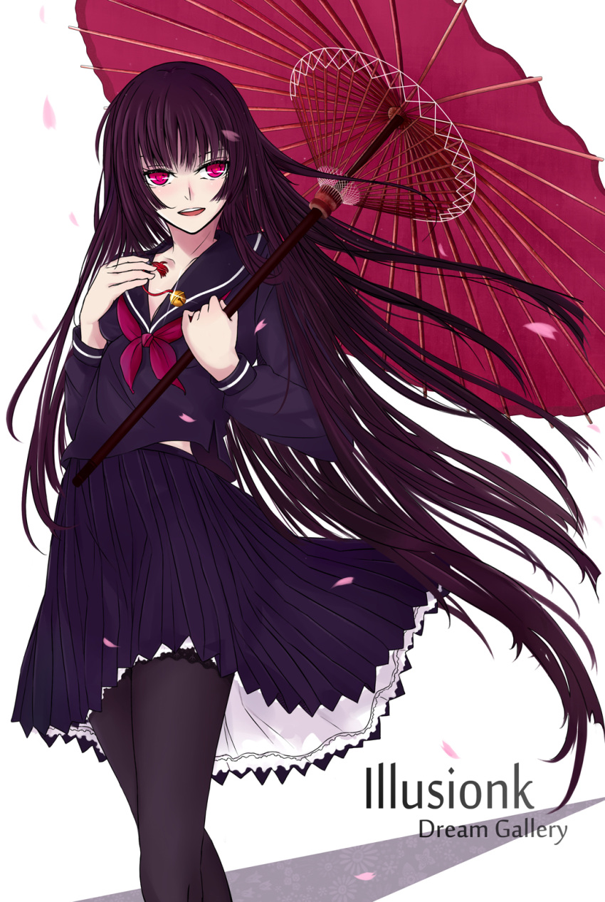 bangs, bell, black_hair, black_legwear, blunt_bangs, blush, character_request, ghost