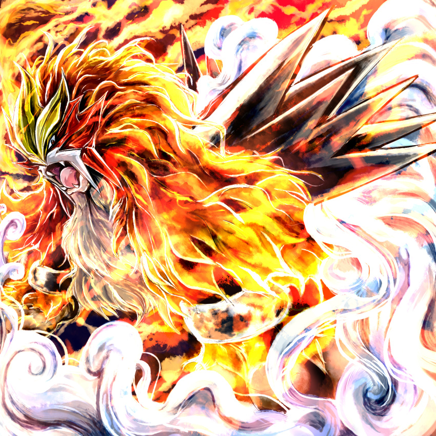 aji082, beast, clouds, entei, fangs, fire, highres, lion, no_humans, pokemon, pokemon_(creature), red_eyes, smoke, solo, spikes