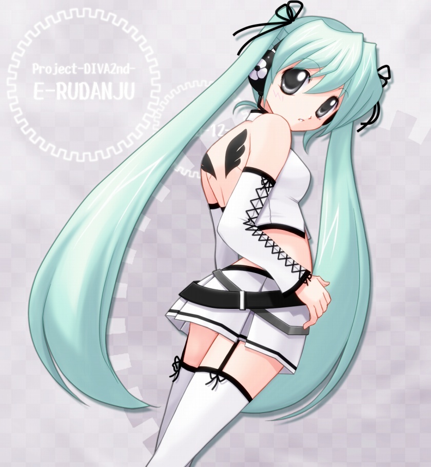 1girl, aoya_(hoshixii), aqua_hair, checkered, checkered_background, garter_straps, green_eyes, hatsune_miku, headphones, long_hair, looking_at_viewer, looking_back, midriff, project_diva, project_diva_(series), project_diva_2nd, skirt, solo, thigh-highs, thighhighs, twintails, very_long_hair, vocaloid, wings