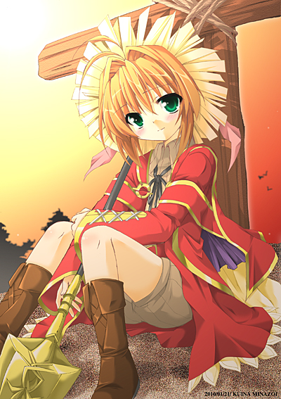 ai_(kamisama_no_inai_nichiyoubi), antenna_hair, boots, cross, grave, green_eyes, hat, kamisama_no_inai_nichiyoubi