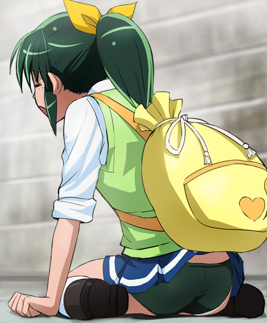 ass, bag, closed_eyes, from_behind, green_hair, green_panties, haruyama, midorikawa_nao