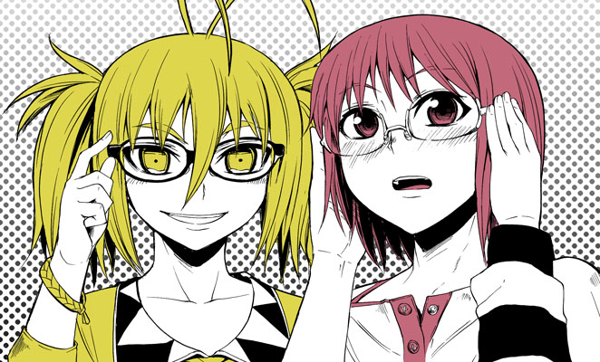 antenna_hair, arachnid_(series), fujii_alice, glasses, gokiburi_(arachnid), ifuji_shinsen, multiple_girls, short_hair