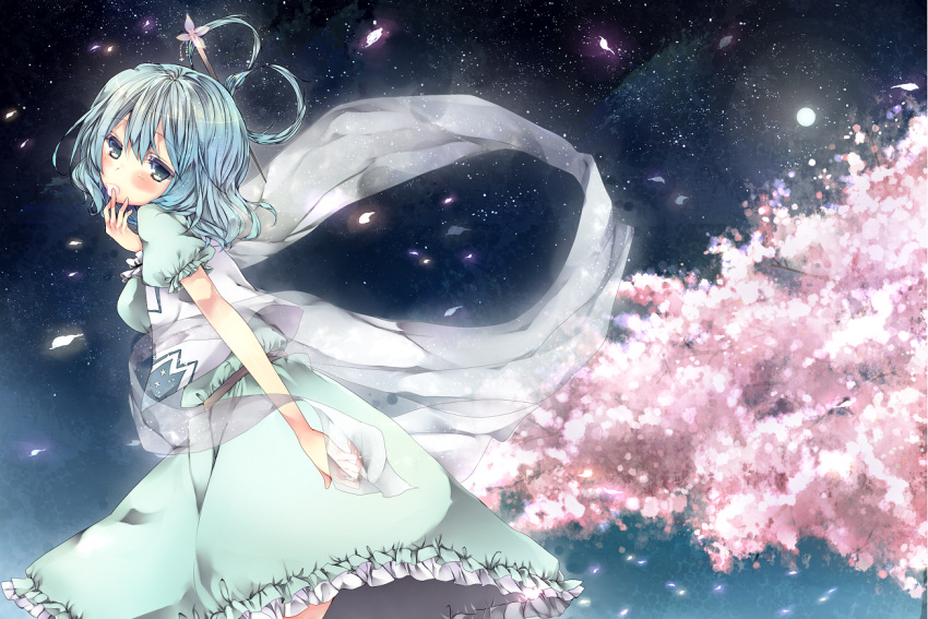 blue_eyes, blue_hair, cherry_blossoms, eikokudaisuki, hair_rings, hair_stick, kaku_seiga, kasu_(return), night, petals, shawl, short_hair, solo, touhou