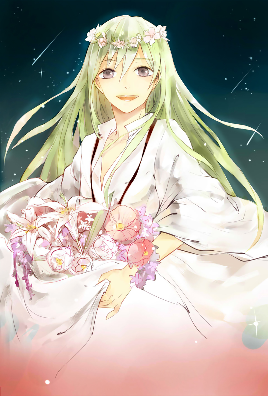 androgynous, bouquet, dress, enkidu_(fate/strange_fake), fate/strange_fake, fate_(series), flower, green_hair