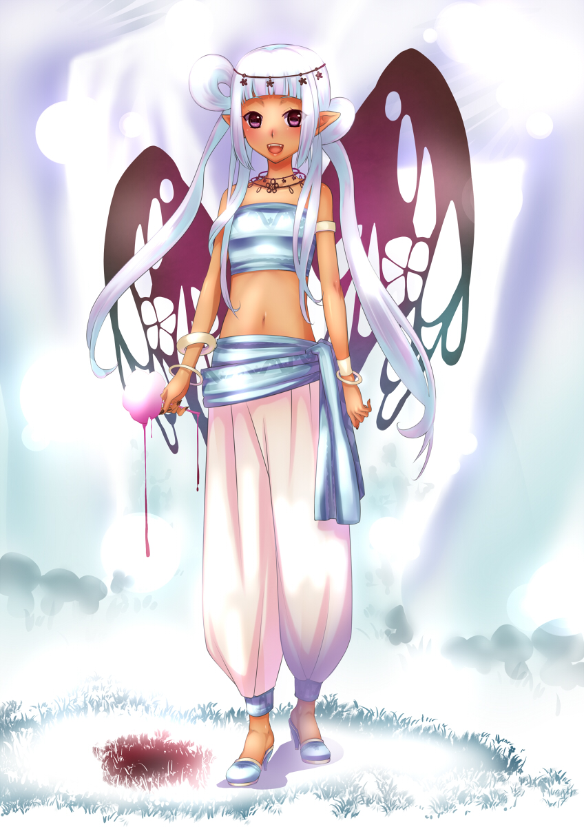 armlet, bandeau, bare_shoulders, bracelet, elysion_(web_game), highres, jewelry, kawagoe_pochi, long_hair, looking_at_viewer, navel, open_mouth, original, payot, pointy_ears, puffy_pants, purple_eyes, sash, solo, standing, twintails, violet_eyes, white_hair
