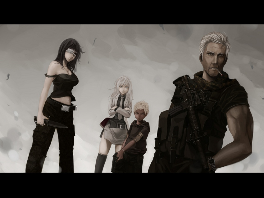 2girls, assault_rifle, bandage, bandages, belt, black_hair, cigarette, crossed_arms