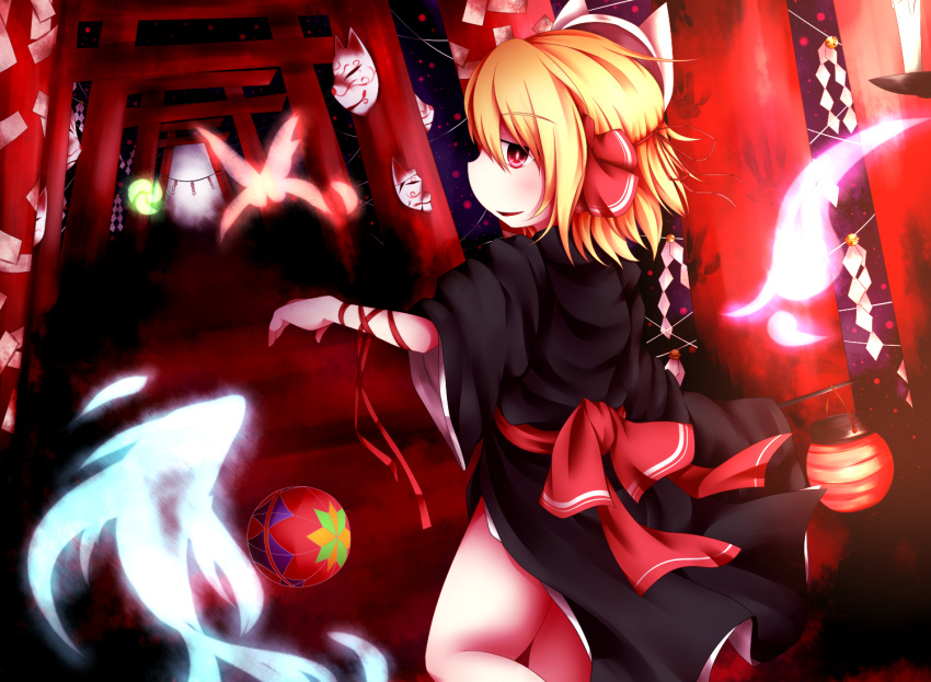 alternate_costume, blonde_hair, blush, butterfly, fox_mask, from_behind, hair_ribbon, kemari