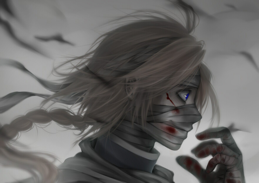 bad_id, bandage, bandages, blood, blue_eyes, braid, gintama, grey_background, kamui, long_hair, male, muted_color, nuruhachi_(honki), nuruhaschi_(honki), orange_hair, single_braid, smile, solo