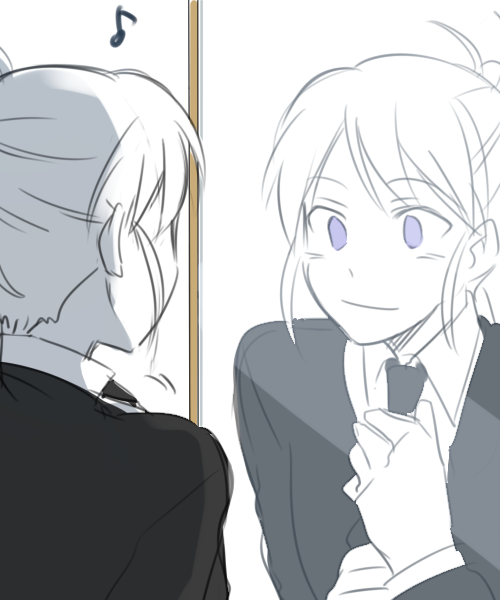 adjusting_tie, androgynous, blue_eyes, female, formal, melty_blood, mirror, musical_note