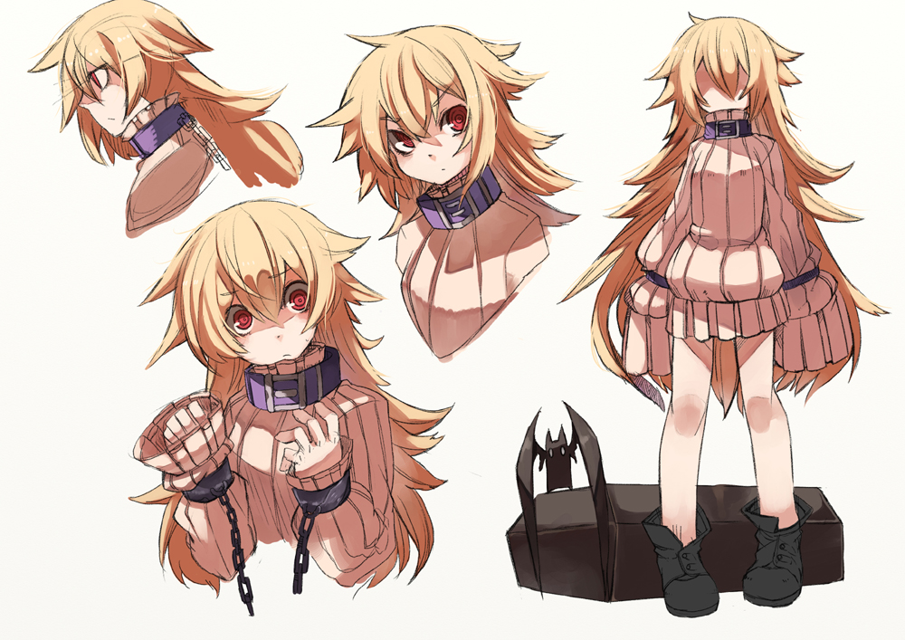 bat, blonde_hair, bound_wrists, chain, chains, character_sheet, collar, fuurin_(omaemona)