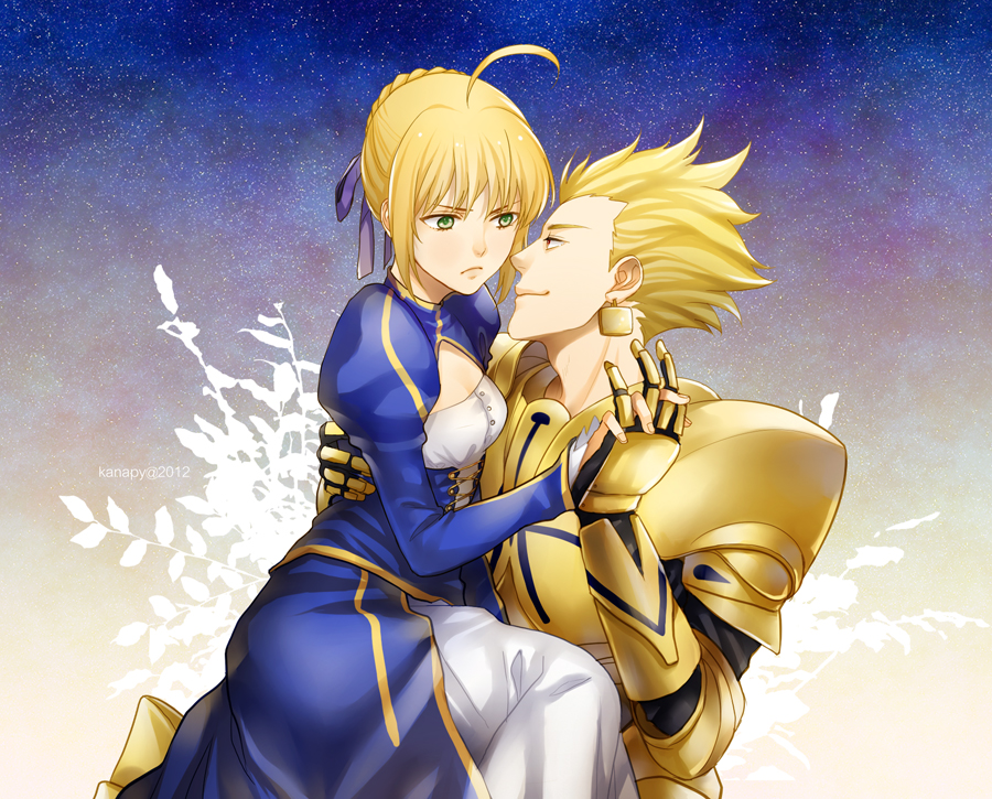 1girl, ahoge, armor, blonde_hair, dress, earrings, fate/stay_night, fate_(series)