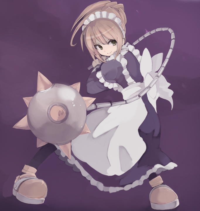 ball_and_chain, black_legwear, brown_hair, character_request, copyright_request, green_eyes, holding, maid