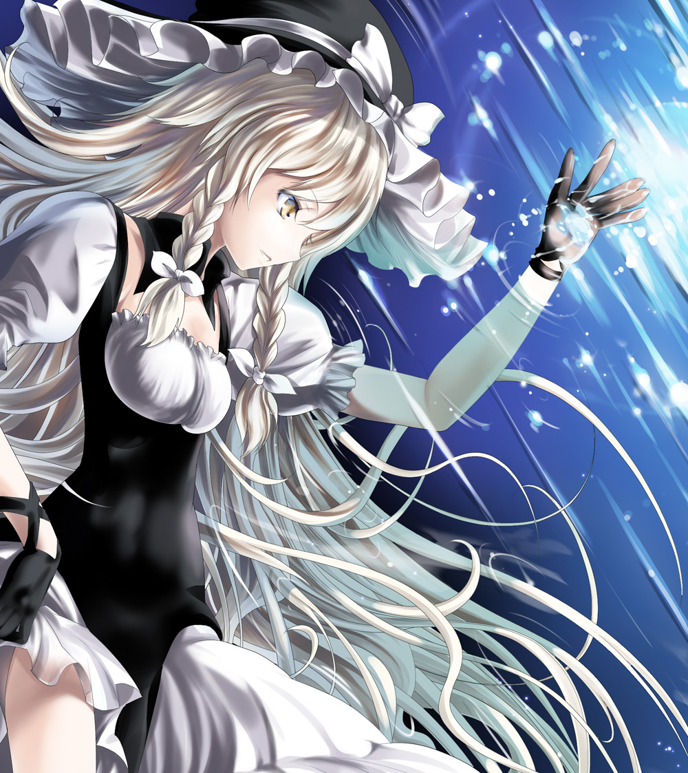 black_gloves, blonde_hair, bow, braid, brown_eyes, gloves, hair_bow, hat