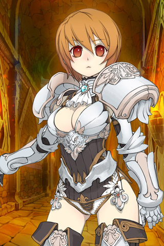 armor, boots, breasts, brooch, cat_shi, cleavage, frown, gauntlets, hair_between_eyes, holding, indoors, jewelry, looking_at_viewer, lowres, orange_hair, pale_skin, pauldrons, red_eyes, short_hair, solo, standing, sword_girls, thigh_gap, thighs, warrior
