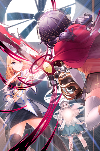 a-ga, aile_(crossroads), battle, black_legwear, blonde_hair, blue_eyes, capelet, detached_sleeves