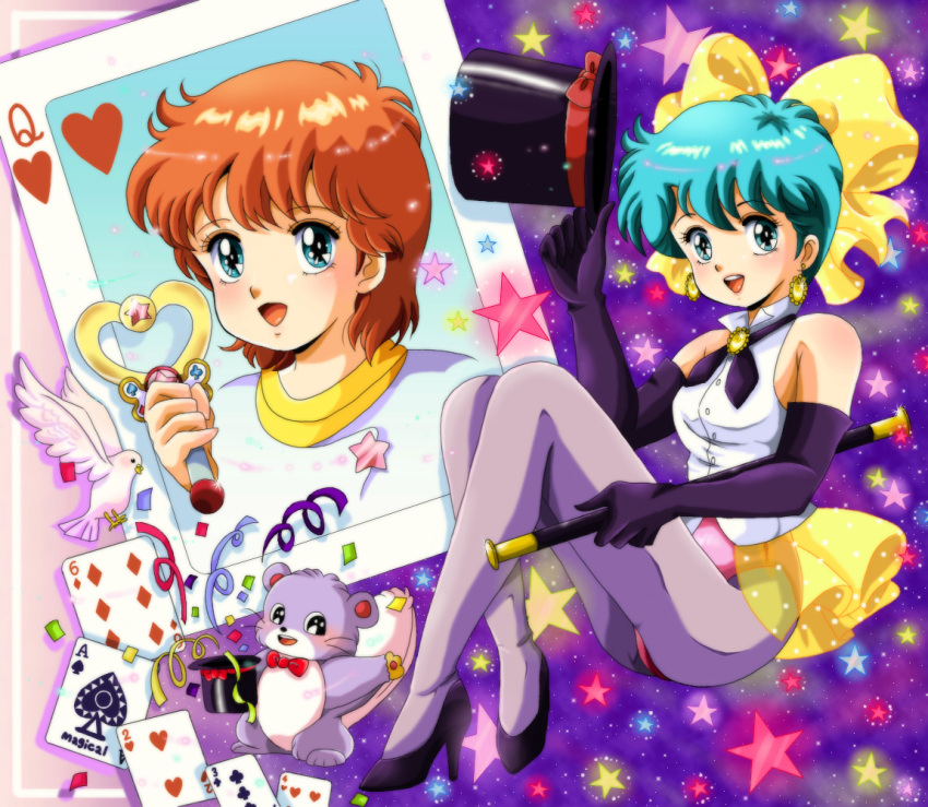aqua_eyes, aqua_hair, baton, bird, black_gloves, bow, brooch, card