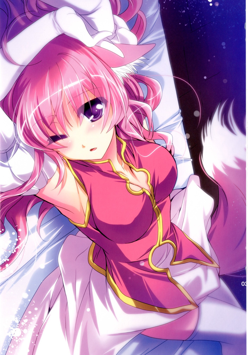 ahoge, animal_ears, armpits, breasts, cleavage, dog_days, dog_ears, dog_tail