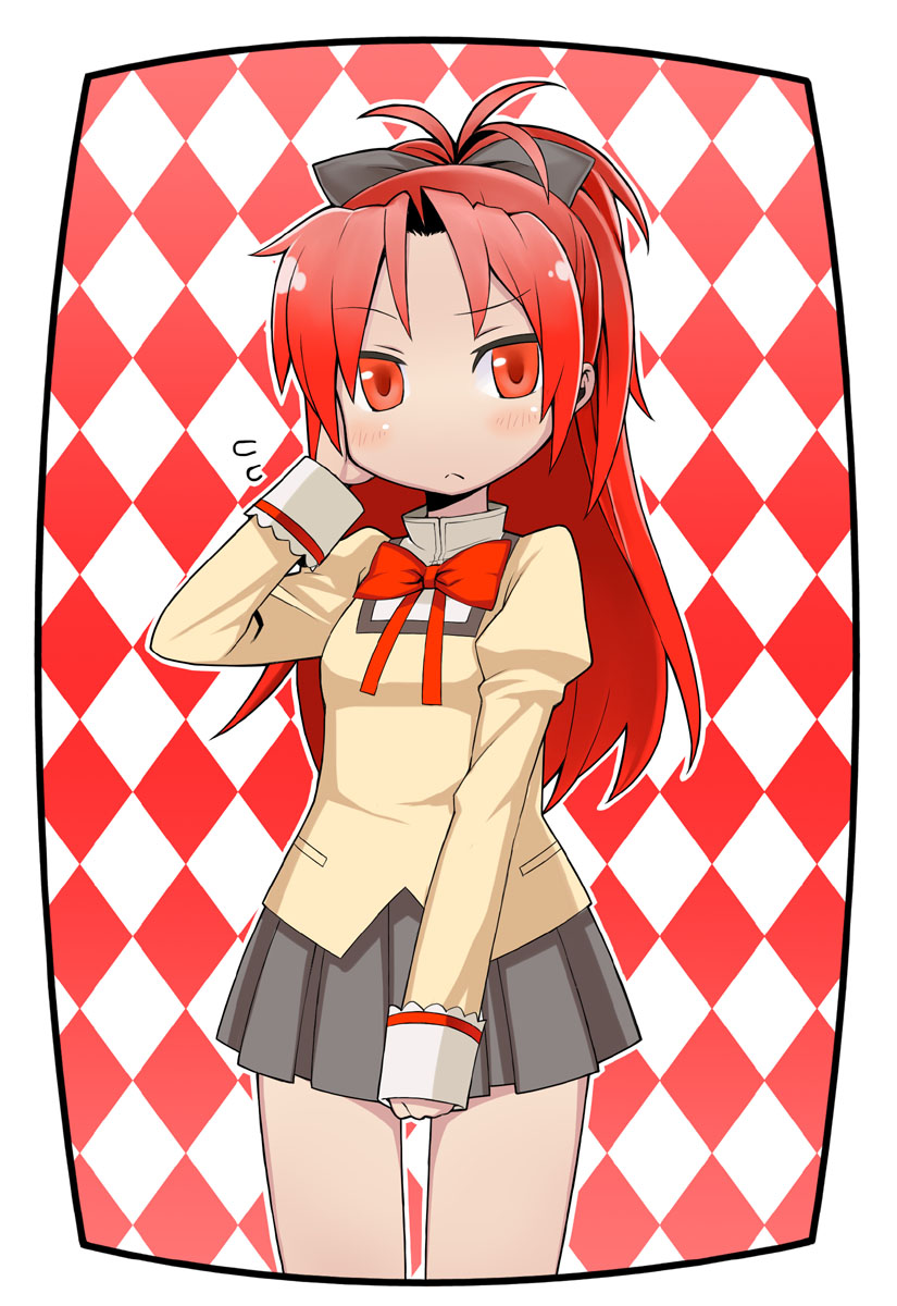 bare_legs, blush, bow, checkered, checkered_background, flying_sweatdrops, frown, hair_bow