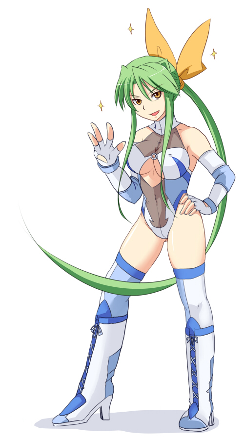 boots, breasts, cleavage_cutout, elbow_gloves, fingerless_gloves, gloves, green_hair, hair_ribbon, leotard, long_hair, open_mouth, ponytail, ribbon, sakurai_chisato, smile, solo, testes, thigh-highs, thigh_boots, thighhighs, very_long_hair, wrestle_angels, wrestle_angels_survivor, wrestle_angels_survivor_2, wrestling_outfit, yellow_eyes