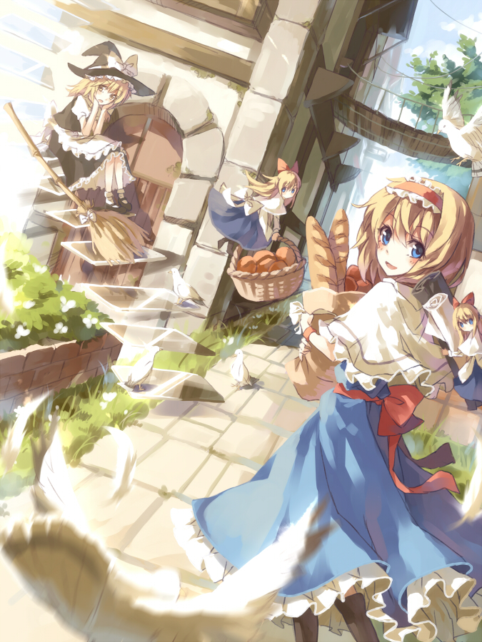 alice_margatroid, asuka_(louyun), baguette, basket, bird, blonde_hair, blue_eyes, bread