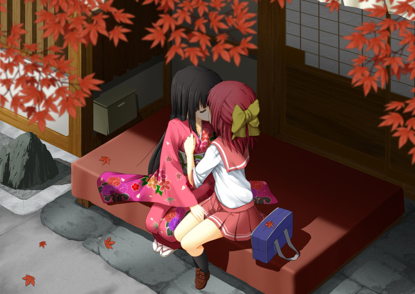 bench, black_hair, bow, closed_eyes, eyes_closed, hair_bow, japanese_clothes, kimono