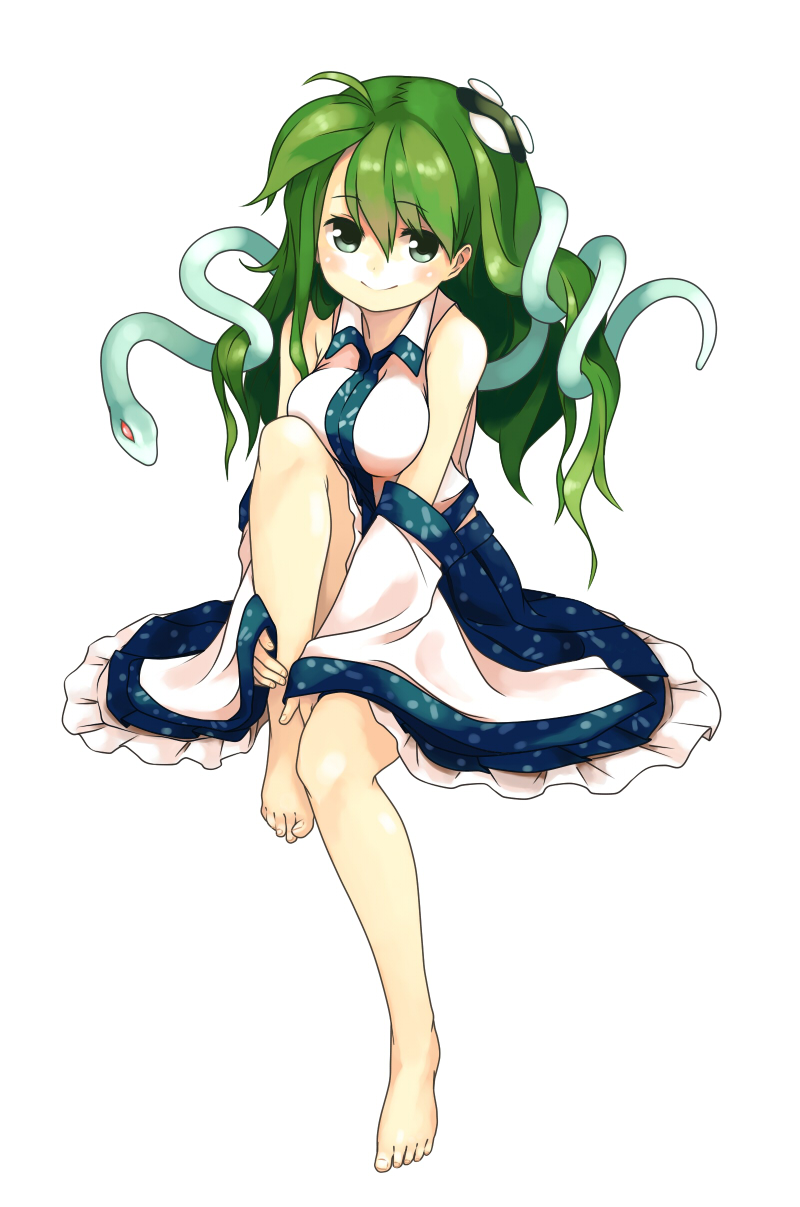 ahoge, bare_shoulders, barefoot, breasts, detached_sleeves, feet, frog_hair_ornament, green_eyes