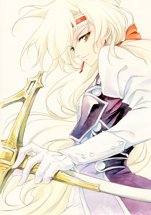 brown_eyes, character_request, growlanser, hairband, julian_(growlanser), long_hair, silver_hair, smile, solo, sword, weapon