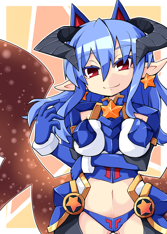 blue_hair, horns, long_hair, navel, pointy_ears, red_eyes, reku, shinrabanshou
