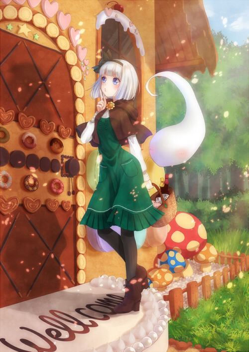 basket, black_legwear, blue_eyes, bottle, capelet, door, dress, gingerbread_house