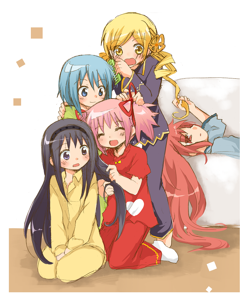 akemi_homura, black_hair, blonde_hair, blue_eyes, blue_hair, blush, closed_eyes, combing_hair