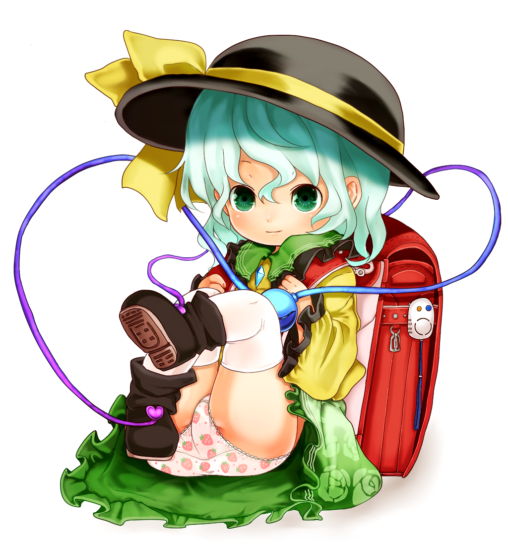 backpack, bag, boots, child, floral_print, green_eyes, hat, hat_ribbon