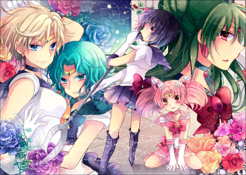 aqua_eyes, aqua_hair, arm_up, bad_id, berries, bishoujo_senshi_sailor_moon, black_hair, blonde_hair