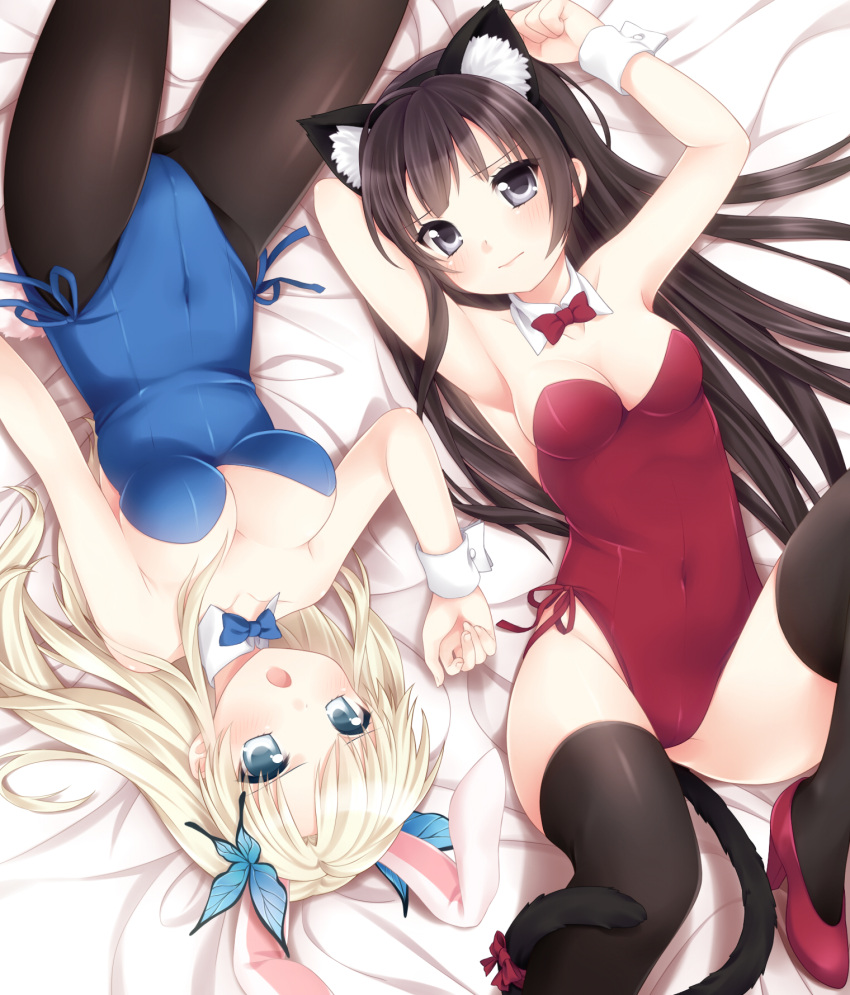 2girls, :o, animal_ears, armpits, bare_shoulders, black_hair, black_legwear, blonde_hair, blue_eyes, blush, boku_wa_tomodachi_ga_sukunai, breasts, bunny_ears, bunnysuit, butterfly, butterfly_hair_ornament, cat_ears, cat_tail, cleavage, detached_collar, etou_(cherry7), from_above, hair_ornament, highres, kashiwazaki_sena, kemonomimi_mode, kittysuit, large_breasts, leotard, long_hair, looking_at_viewer, lying, mikazuki_yozora, multiple_girls, on_back, open_mouth, pantyhose, purple_eyes, rotational_symmetry, tail, thighhighs, violet_eyes, wrist_cuffs