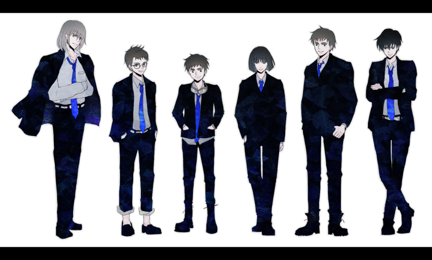alternate_costume, artist_request, ashitaka, black_hair, brown_hair, company_connection, crossed_arms, crossed_legs_(standing), crossover, formal, haku, hand_in_pocket, hands_in_pockets, highres, howl, howl_no_ugoku_shiro, karigurashi_no_arrietty, letterboxed, lineup, majo_no_takkyuubin, mononoke_hime, multiple_boys, necktie, pazu, sen_to_chihiro_no_kamikakushi, short_hair, shou_(karigurashi_no_arrietty), simple_background, studio_ghibli, suit, tenkuu_no_shiro_laputa, tombo