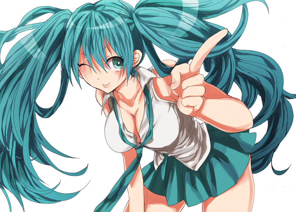 aqua_eyes, aqua_hair, bad_id, hatsune_miku, leaning_forward, long_hair, necktie, pointing