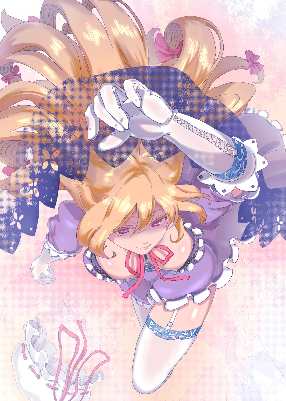 blonde_hair, bow, breasts, elbow_gloves, from_above, garter_straps, gloves, hair_bow
