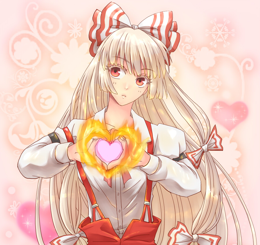 bow, bust, dress_shirt, fire, floral_background, flower, fujiwara_no_mokou, hair_bow