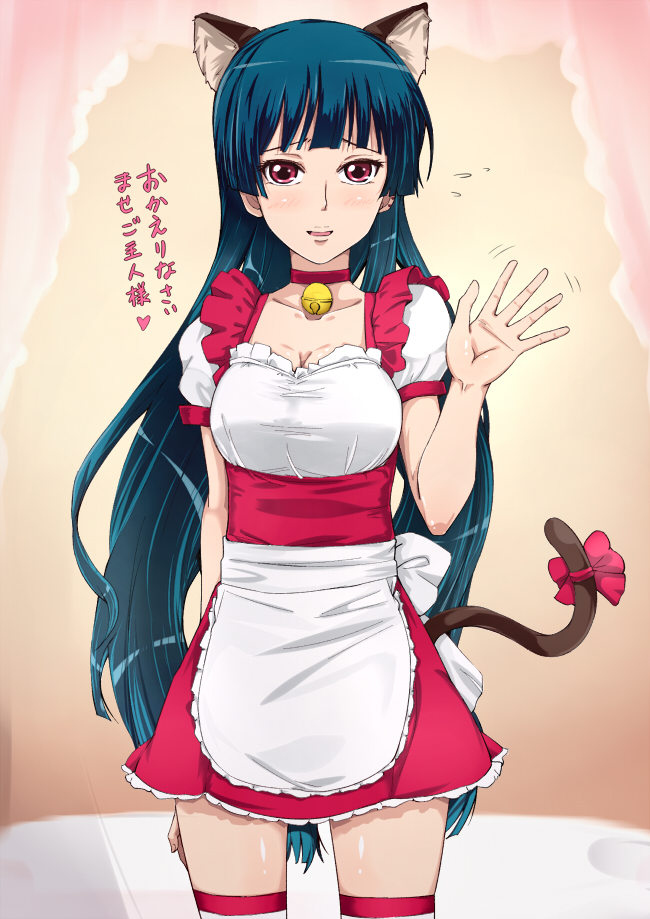 alternate_costume, alternate_hair_length, alternate_hairstyle, animal_ears, apron, bell, bell_collar, blush