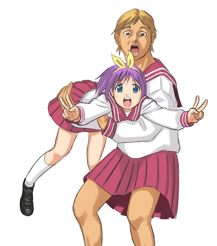 4chan, brown_eyes, carrying, crossdressinging, crossover, double_v, drawfag, hiiragi_tsukasa, lucky_star, purple_hair, ribbon, steve_irwin, v