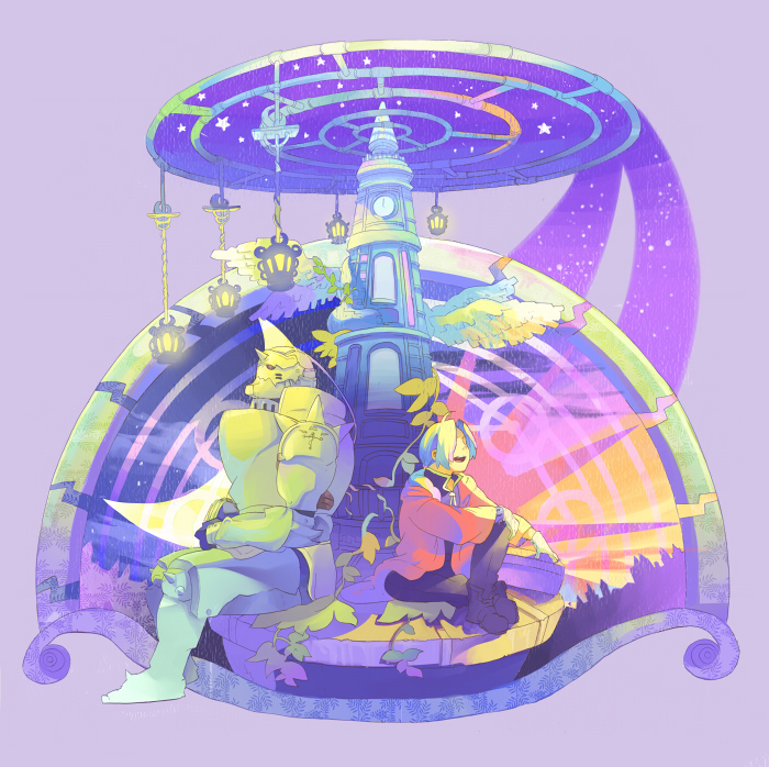 alphonse_elric, armor, crescent_moon, edward_elric, fullmetal_alchemist, lantern, male, mikabu
