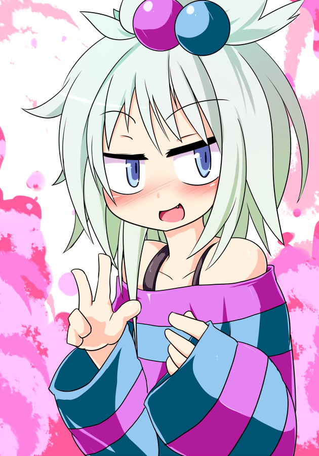 bare_shoulders, blue_eyes, blush, bust, fang, gradient_hair, guitar, hair_bobbles, hair_ornament, homika_(pokemon), instrument, multicolored_hair, okumari, open_mouth, pokemon, pokemon_(game), pokemon_bw2, shirt, sleeves_past_wrists, smile, solo, striped, striped_shirt, topknot, white_hair