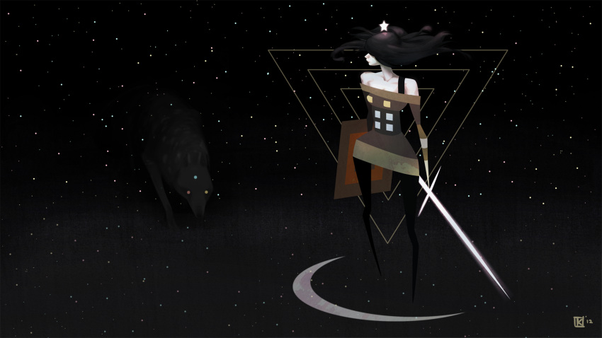 1920x1080, 1girl, 2012, bare_shoulders, black_hair, crescent, dated, hair_over_eyes