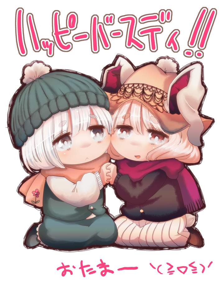 :<, animal_ears, beanie, blue_eyes, bunny_ears, chibi, contemporary, cream_(nipakupa)