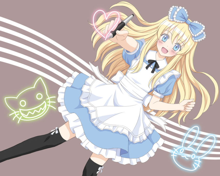 alice_in_wonderland, apron, bad_id, black_legwear, black_thighhighs, blonde_hair, blue_eyes, blush