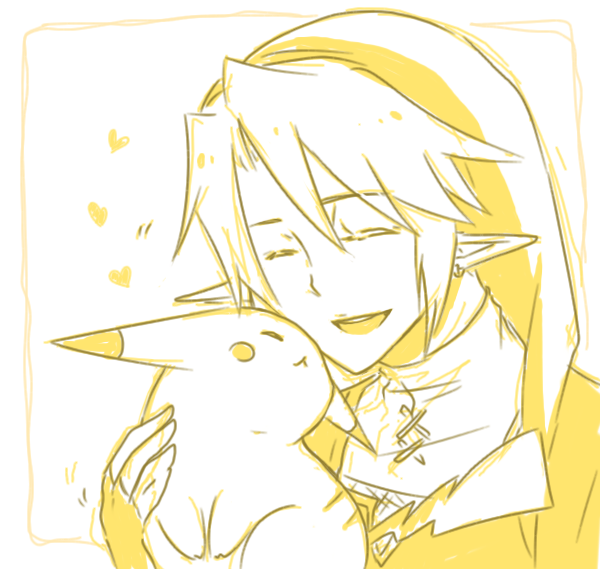 eyes_closed, gii_(bikikosan), heart, link, male, monochrome, pikachu, pointy_ears, pokemon, the_legend_of_zelda, yellow